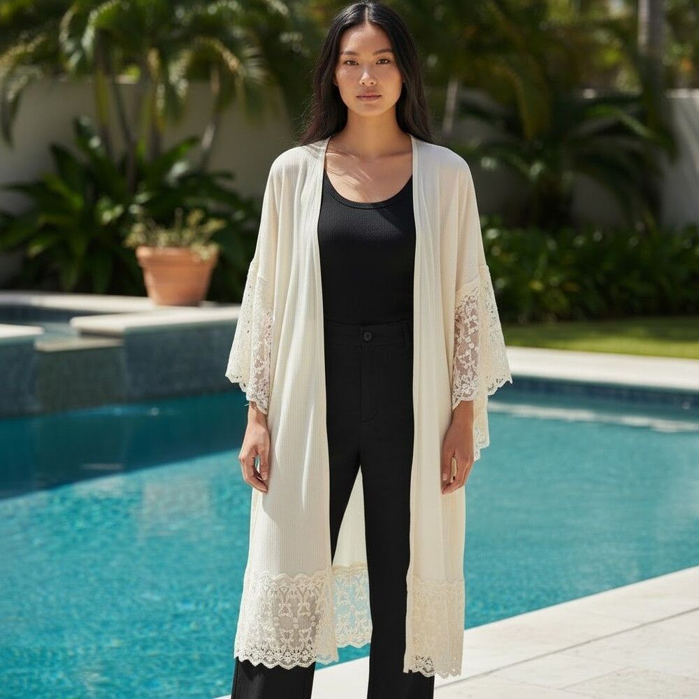 Blu Heaven Ivory Lace & Gauze Kimono Duster Cover-Up Sz M Boho Festival Beach